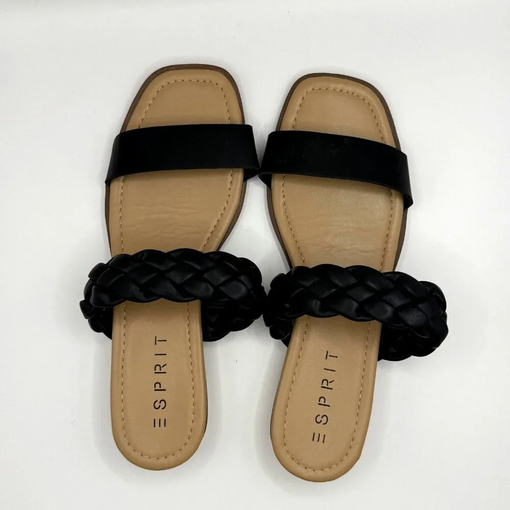 Esprit Dansel Black Double Strap Cork Wedge Slide Sandals Platform Shoes 8M NWOB